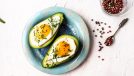 avocado baked eggs, concept of full-fat foods for weight loss