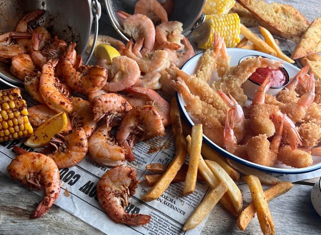bubba gump shrimp, corn, fries, and bread
